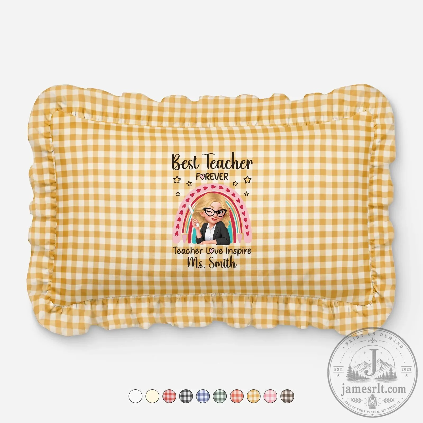 Best Teacher Forever Personalized Rainbow Gingham Ruffled Pillow