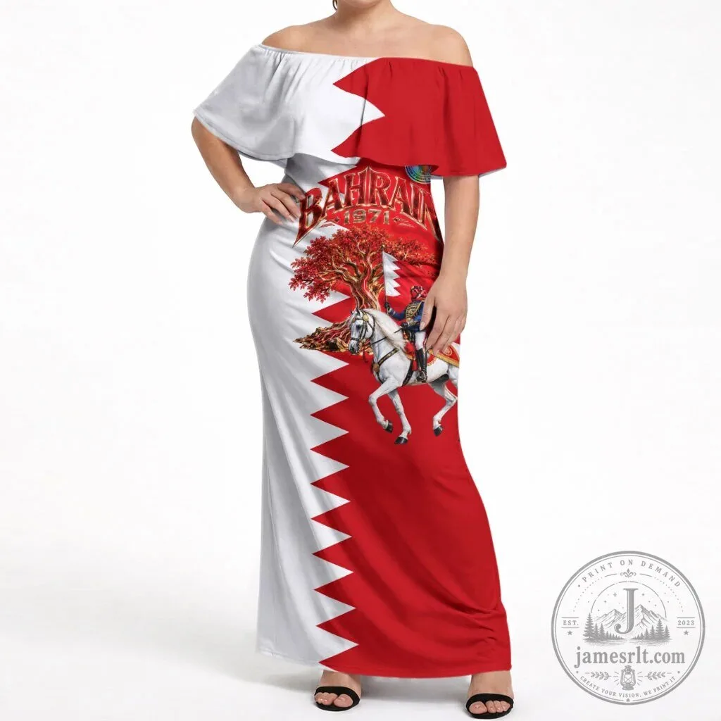 Bahrain National Day Off Shoulder Maxi Dress with Cultural Emblem Flag Design