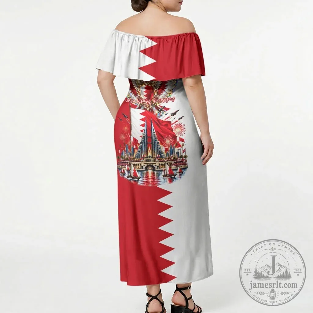 Bahrain National Day Off Shoulder Maxi Dress with Cultural Emblem Flag Design 3 Bahrain National Day Off Shoulder Maxi Dress with Cultural Emblem Flag Design