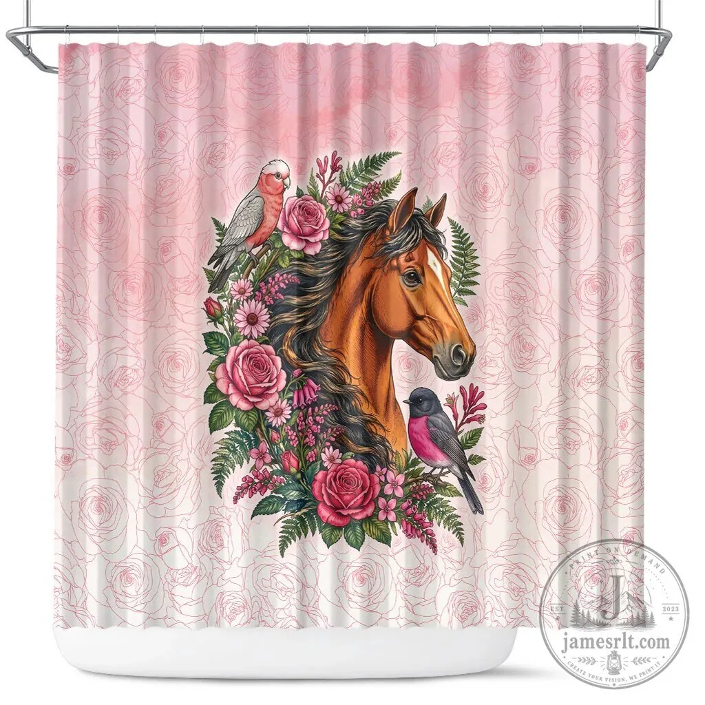 Pink Rose Wreath Horse Galah Cockatoo and Pink Robin Shower Curtain 5 Pink Rose Wreath Horse Galah Cockatoo and Pink Robin Shower Curtain