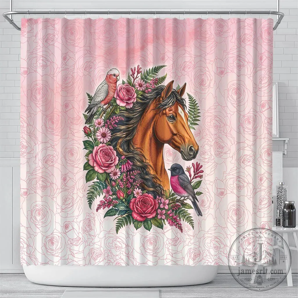 Pink Rose Wreath Horse Galah Cockatoo and Pink Robin Shower Curtain 6 Pink Rose Wreath Horse Galah Cockatoo and Pink Robin Shower Curtain