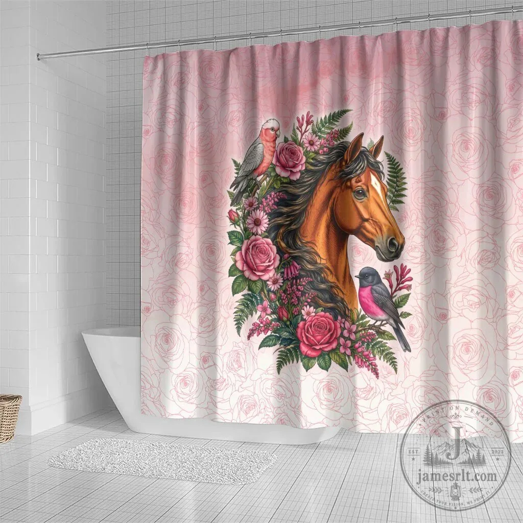 Pink Rose Wreath Horse Galah Cockatoo and Pink Robin Shower Curtain 7 Pink Rose Wreath Horse Galah Cockatoo and Pink Robin Shower Curtain