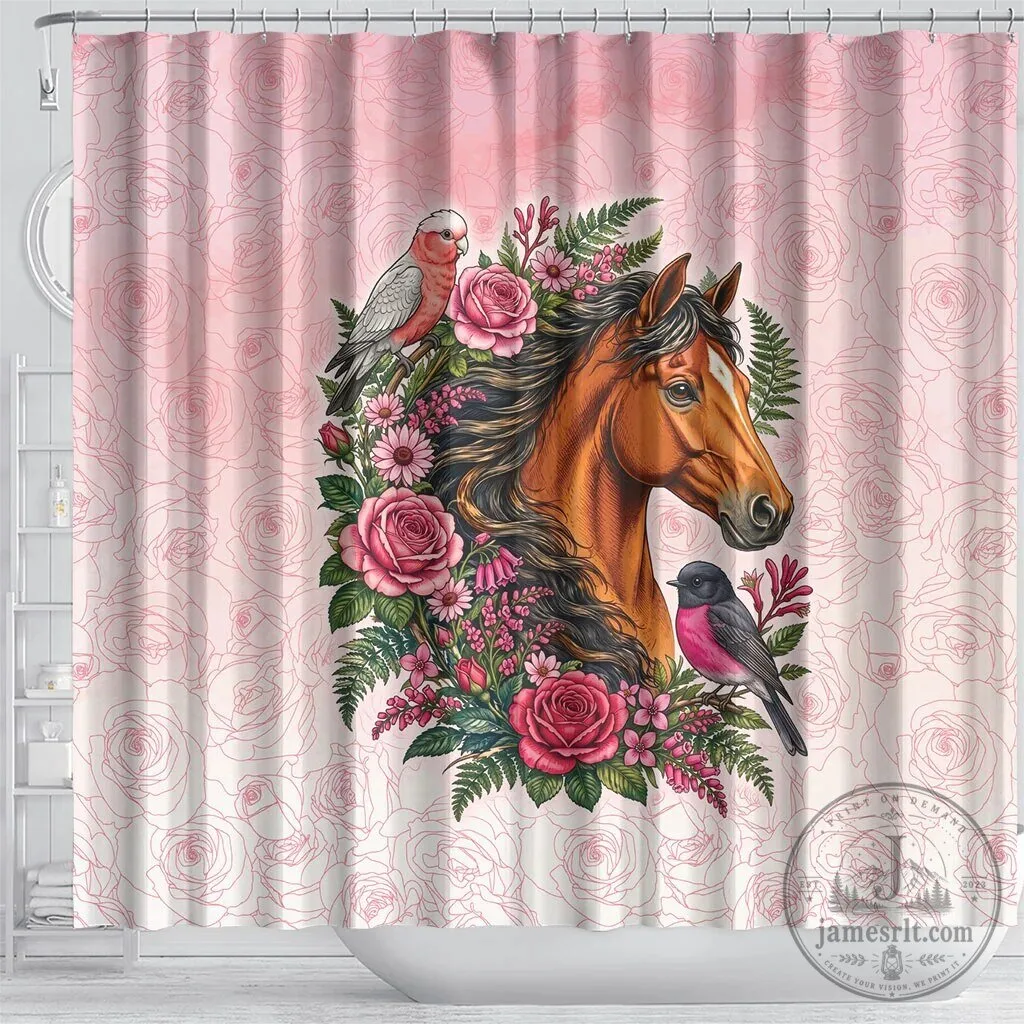 Pink Rose Wreath Horse Galah Cockatoo and Pink Robin Shower Curtain 8 Pink Rose Wreath Horse Galah Cockatoo and Pink Robin Shower Curtain