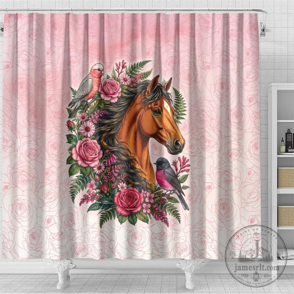 Pink Rose Wreath Horse Galah Cockatoo and Pink Robin Shower Curtain 9 Pink Rose Wreath Horse Galah Cockatoo and Pink Robin Shower Curtain
