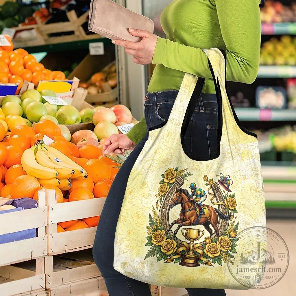 Melbourne Horse Racing Jockey Floral Horseshoe Yellow Rose Reusable Grocery Bag 10 Melbourne Horse Racing Jockey Floral Horseshoe Yellow Rose Reusable Grocery Bag