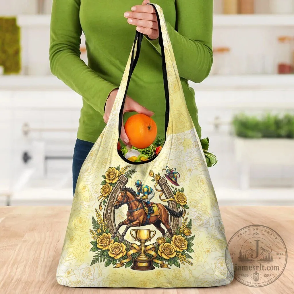 Melbourne Horse Racing Jockey Floral Horseshoe Yellow Rose Reusable Grocery Bag 11 Melbourne Horse Racing Jockey Floral Horseshoe Yellow Rose Reusable Grocery Bag