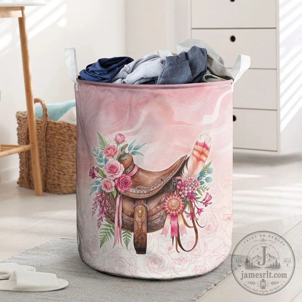 Pink Floral Horse Saddle Laundry Basket with Rose and Waxflower Flowers