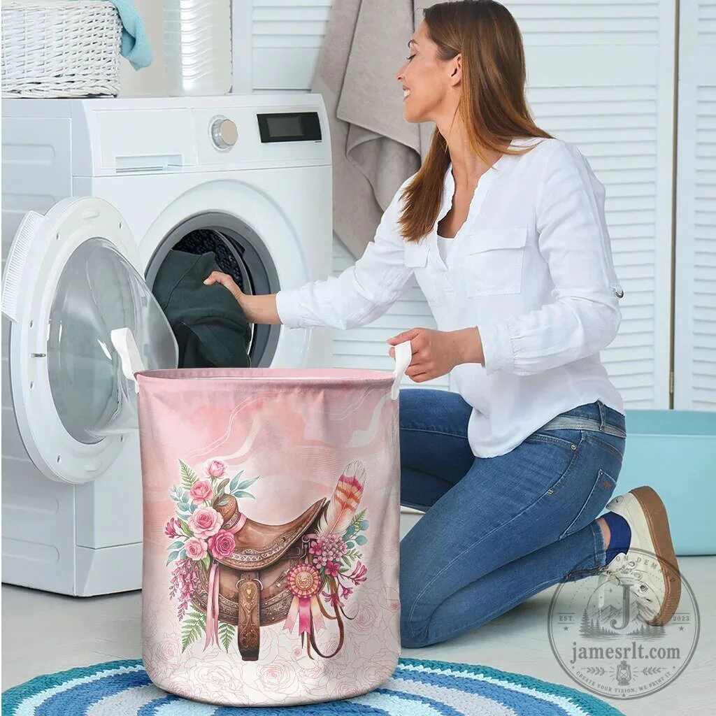Pink Floral Horse Saddle Laundry Basket with Rose and Waxflower Flowers 8 Pink Floral Horse Saddle Laundry Basket with Rose and Waxflower Flowers