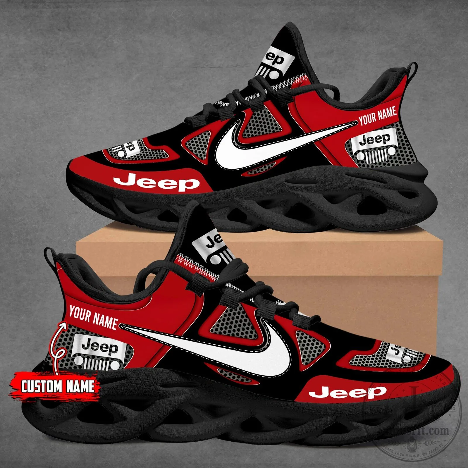 Custom Name Jeep Logo Red and Black Athletic Sneakers Running Shoes 14 Custom Name Jeep Logo Red and Black Athletic Sneakers Running Shoes