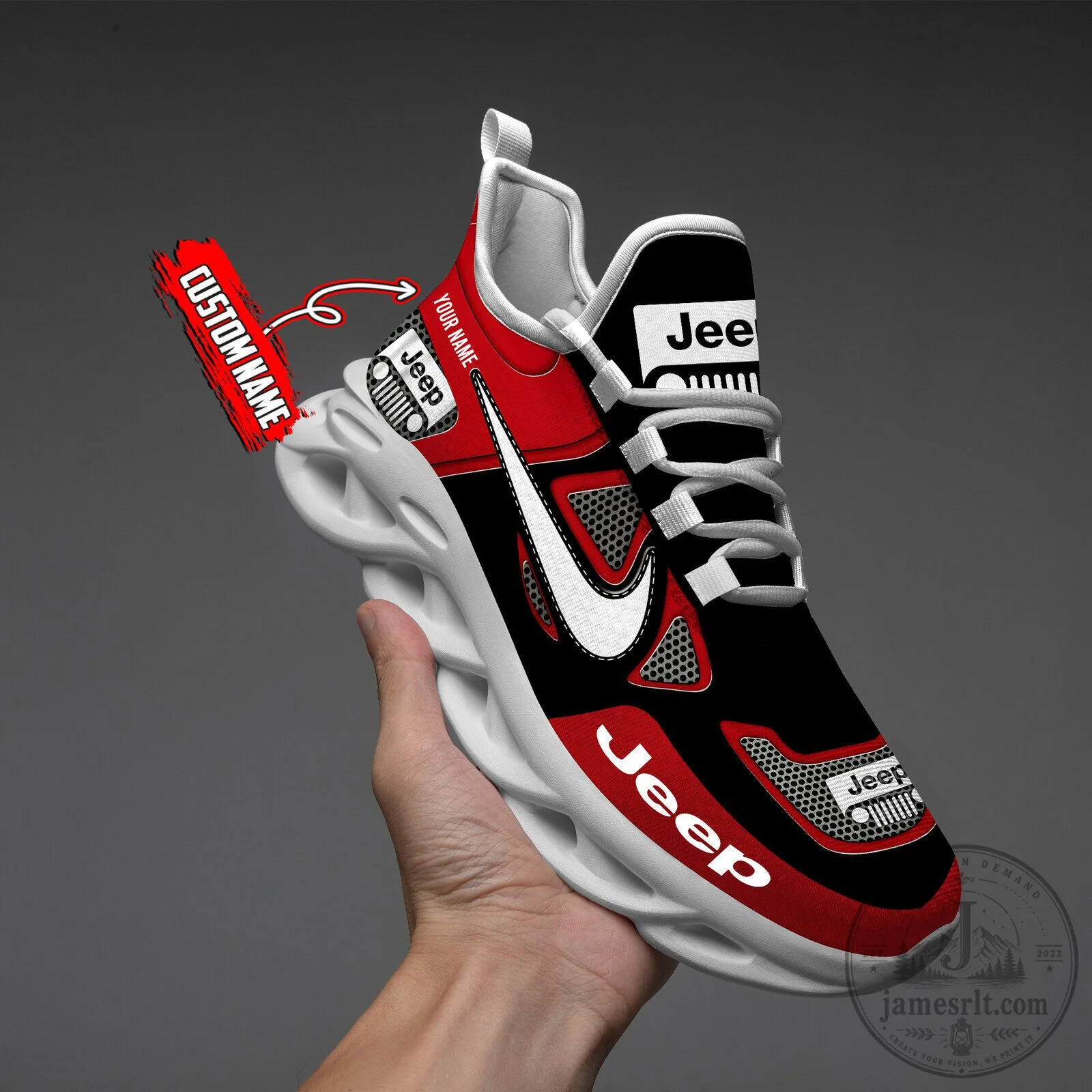 Custom Name Jeep Logo Red and Black Athletic Sneakers Running Shoes 15 Custom Name Jeep Logo Red and Black Athletic Sneakers Running Shoes