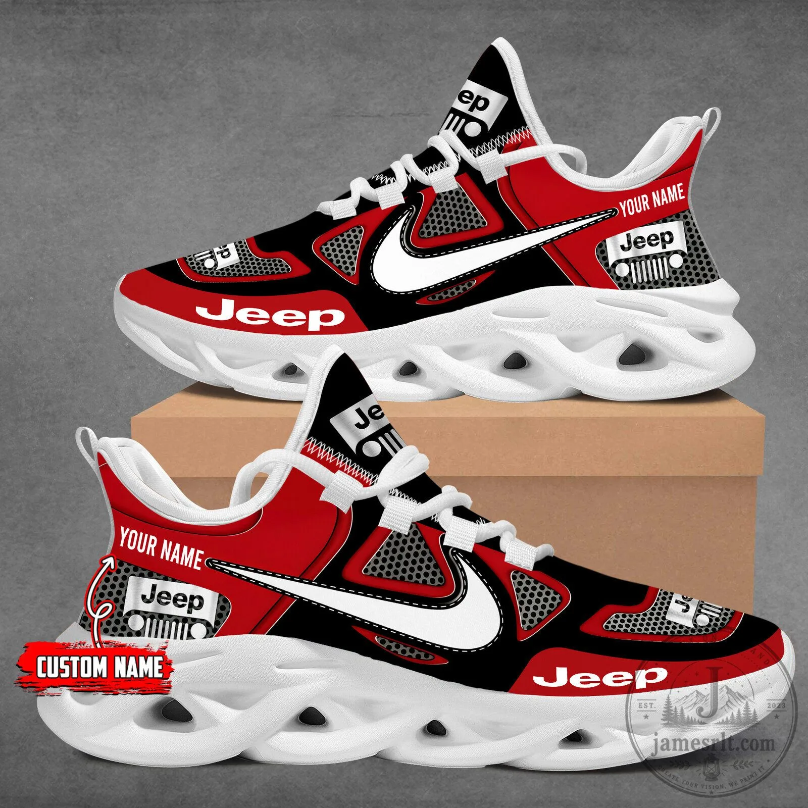 Custom Name Jeep Logo Red and Black Athletic Sneakers Running Shoes 16 Custom Name Jeep Logo Red and Black Athletic Sneakers Running Shoes
