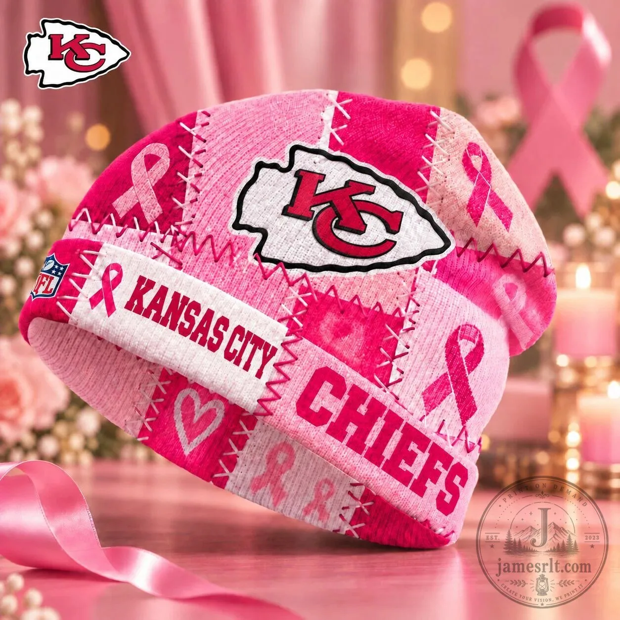 Kansas City Chiefs NFL Breast Cancer Awareness Pink Ribbon Patchwork Beanie Hat