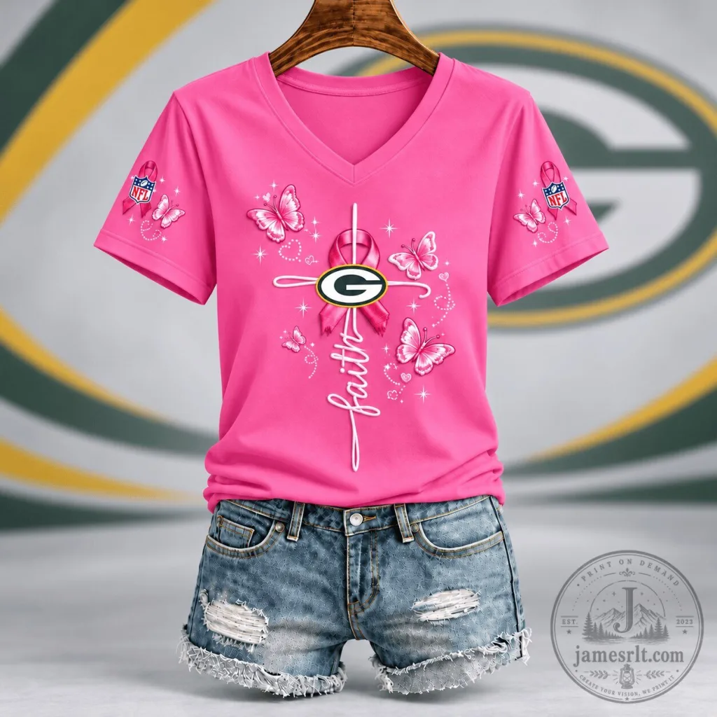 Green Bay Packers NFL Faith Hope Love Breast Cancer Awareness V-Neck T-Shirt Green Bay Packers NFL Faith Hope Love Breast Cancer Awareness V-Neck T-Shirt