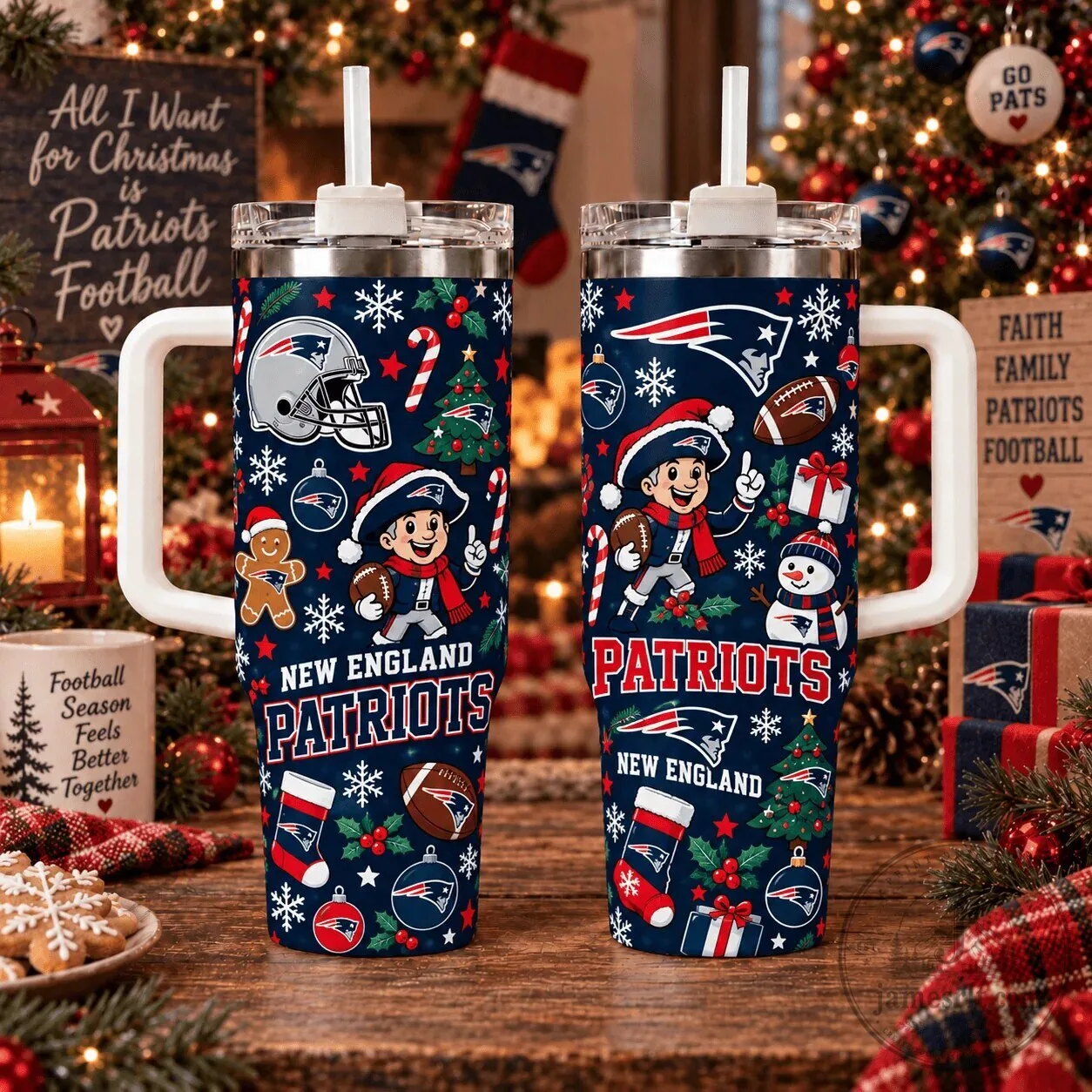 New England Patriots Christmas Football Team Fan Stainless Steel Tumbler with Handle 1 New England Patriots Christmas Football Team Fan Stainless Steel Tumbler with Handle
