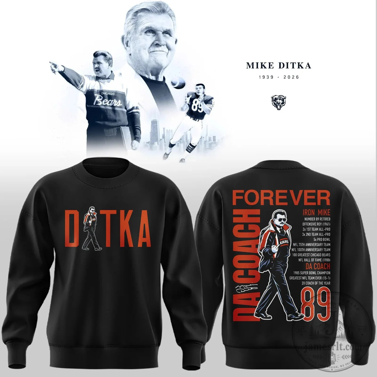 Mike Ditka Chicago Bears Football Legend Black Crewneck Sweatshirt
