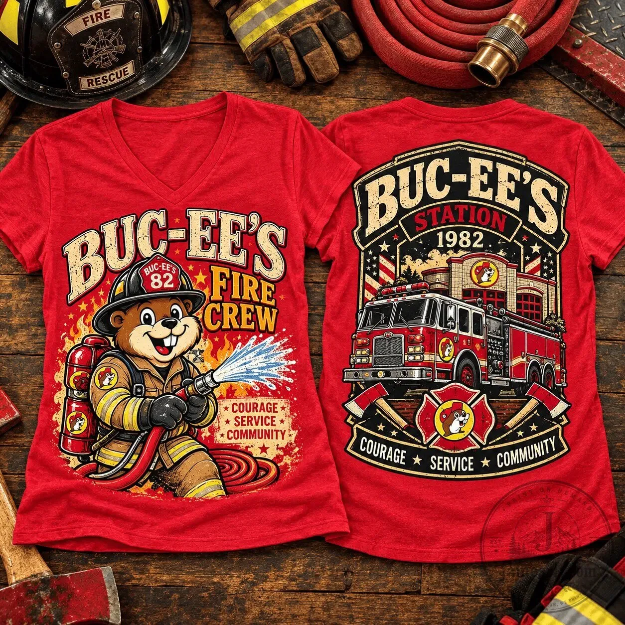 Buc-ee's Fire Crew Beaver Mascot Courage Service Community T-Shirt 3 Buc-ee