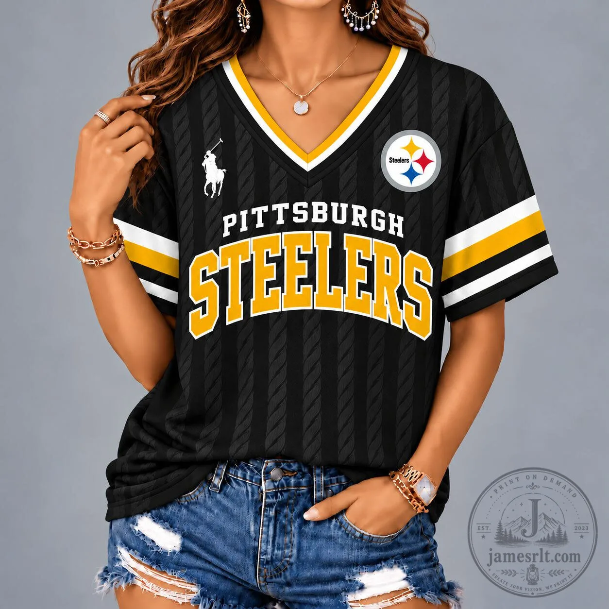 Pittsburgh Steelers Vintage Style V-Neck Football Fan Jersey 1 Pittsburgh Steelers Vintage Style V-Neck Football Fan Jersey