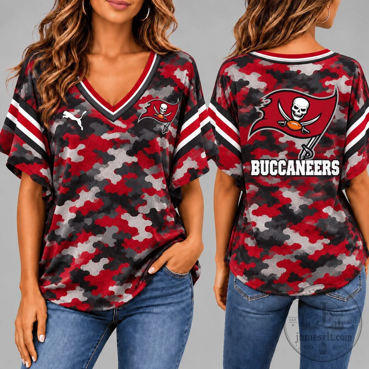 Tampa Bay Buccaneers Camouflage Pattern Women's V-Neck Football T-Shirt 1 Tampa Bay Buccaneers Camouflage Pattern Women