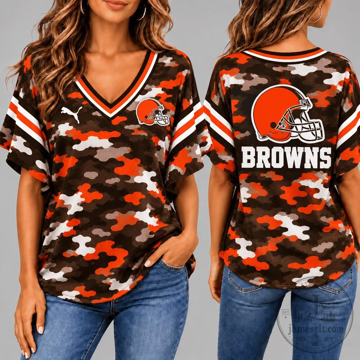 Cleveland Browns Camouflage Football Fan V-Neck Short Sleeve T-Shirt