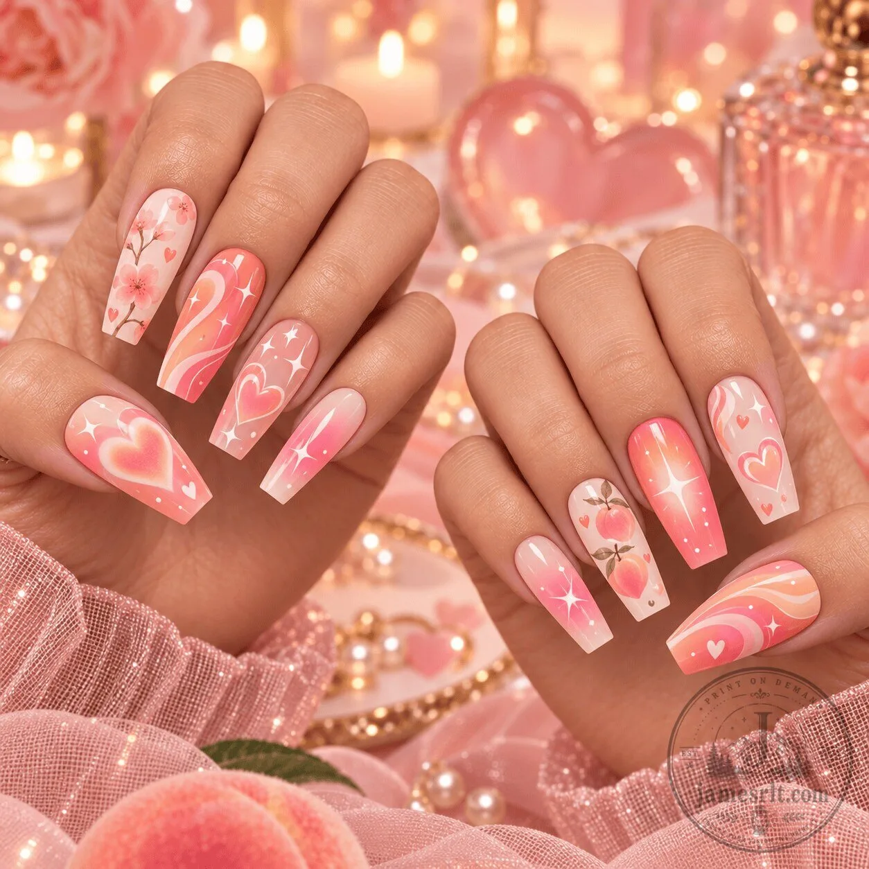 Peach Aura Dream Heart Press-On Nails Set with Cherry Blossom and Star Accents