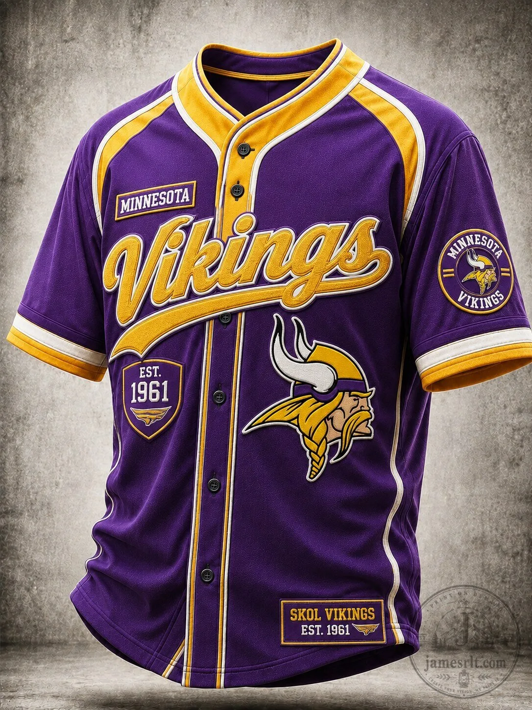 Minnesota Vikings Purple and Gold Baseball Jersey with Skol Vikings Slogan