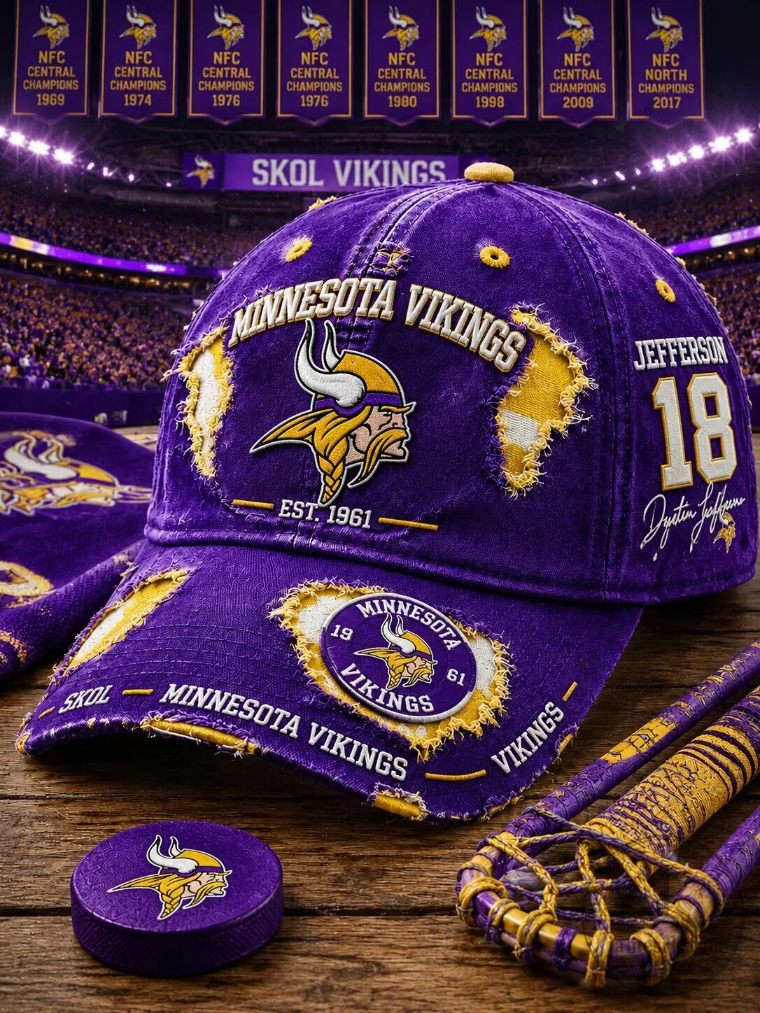 Minnesota Vikings Justin Jefferson Number 18 Distressed Football Cap Hat