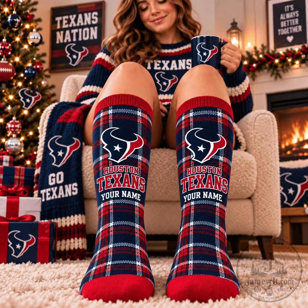 Houston Texans Personalized Plaid Pattern Crew Socks 1 Houston Texans Personalized Plaid Pattern Crew Socks