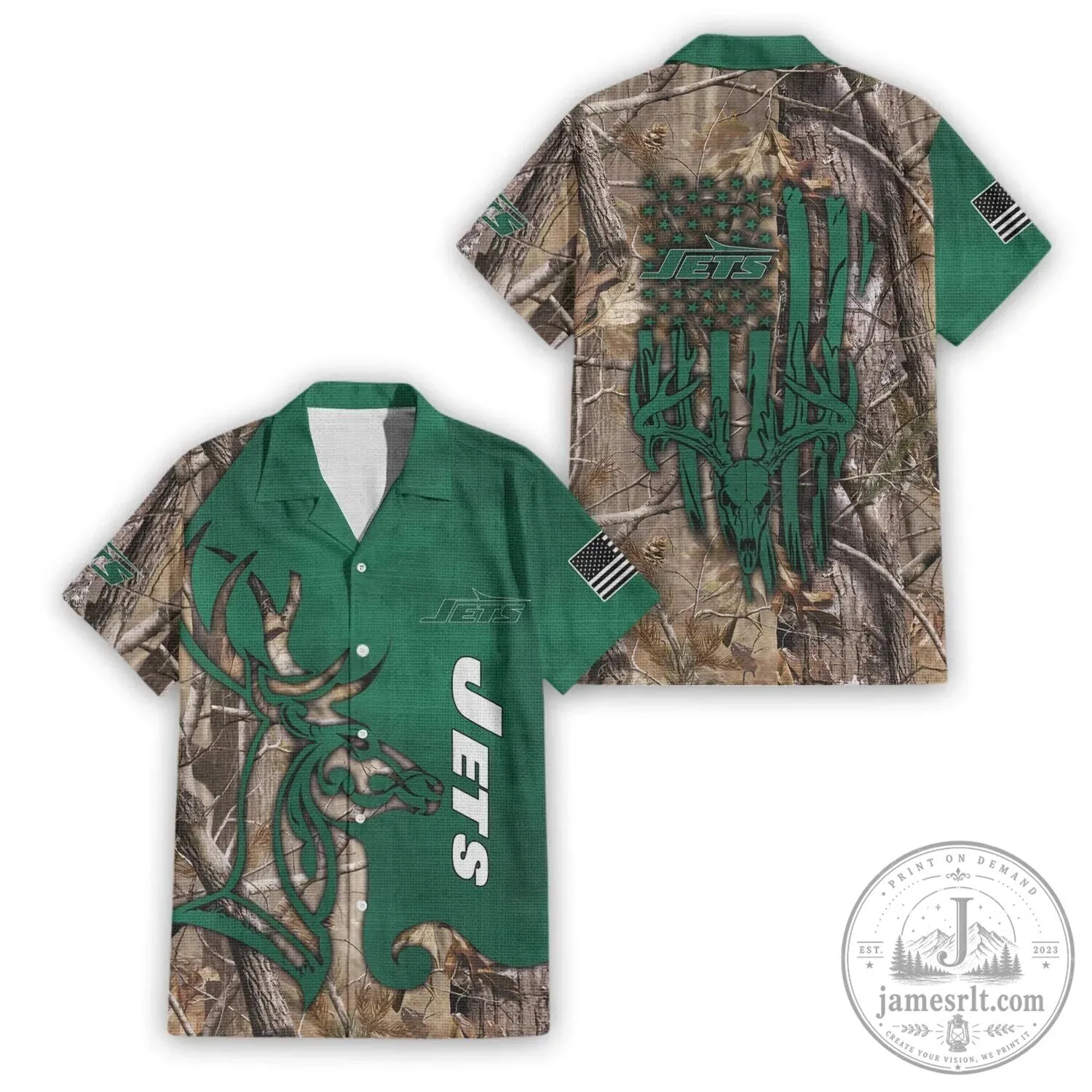 New York Jets Hunting Deer Camouflage Pattern Hawaiian Shirt