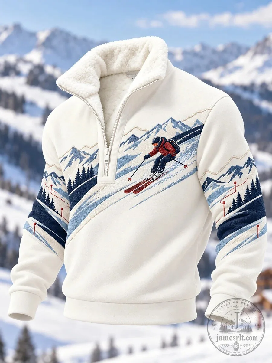 Ski Season Mountain Landscape Winter Sports Quarter Zip Pullover Sweatshirt