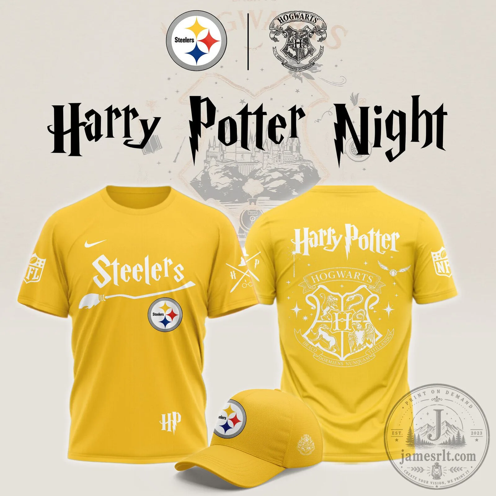 Pittsburgh Steelers Harry Potter Night Hogwarts Crest Yellow T-Shirt