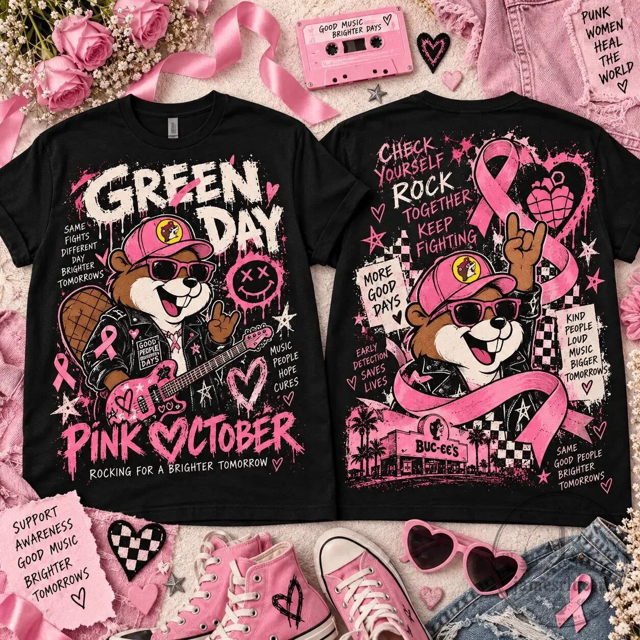 Green Day Buc-ee's Pink October Breast Cancer Awareness T-Shirt