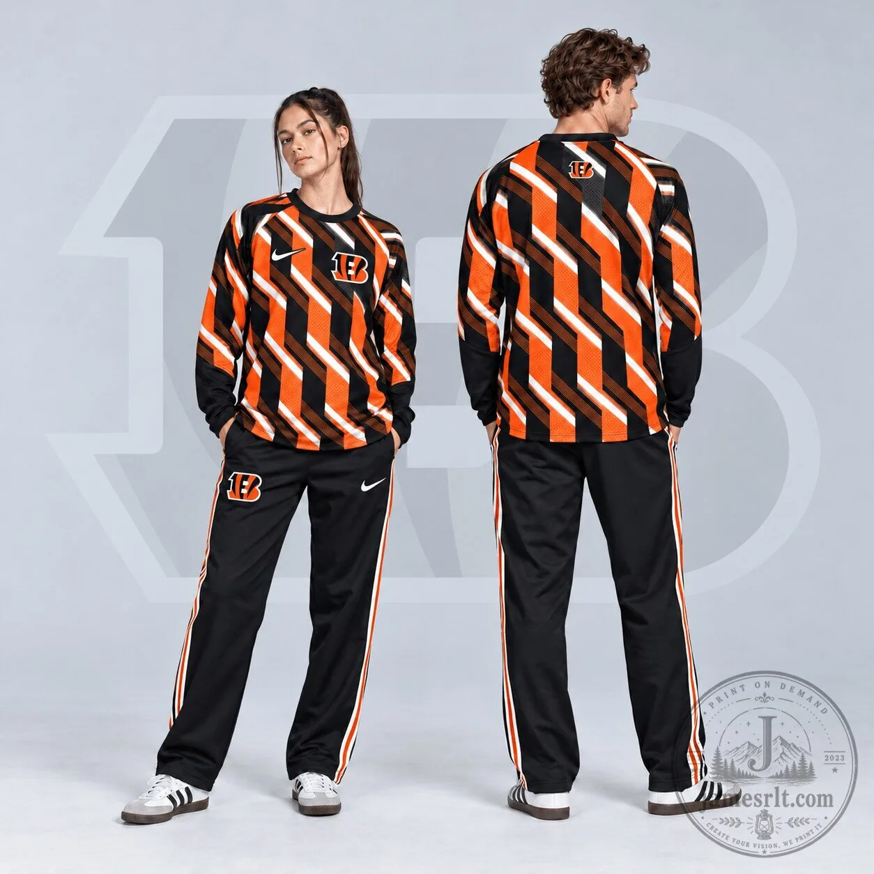 Cincinnati Bengals Bold Diagonal Stripe Long Sleeve Crewneck Shirt and Track Pants Set
