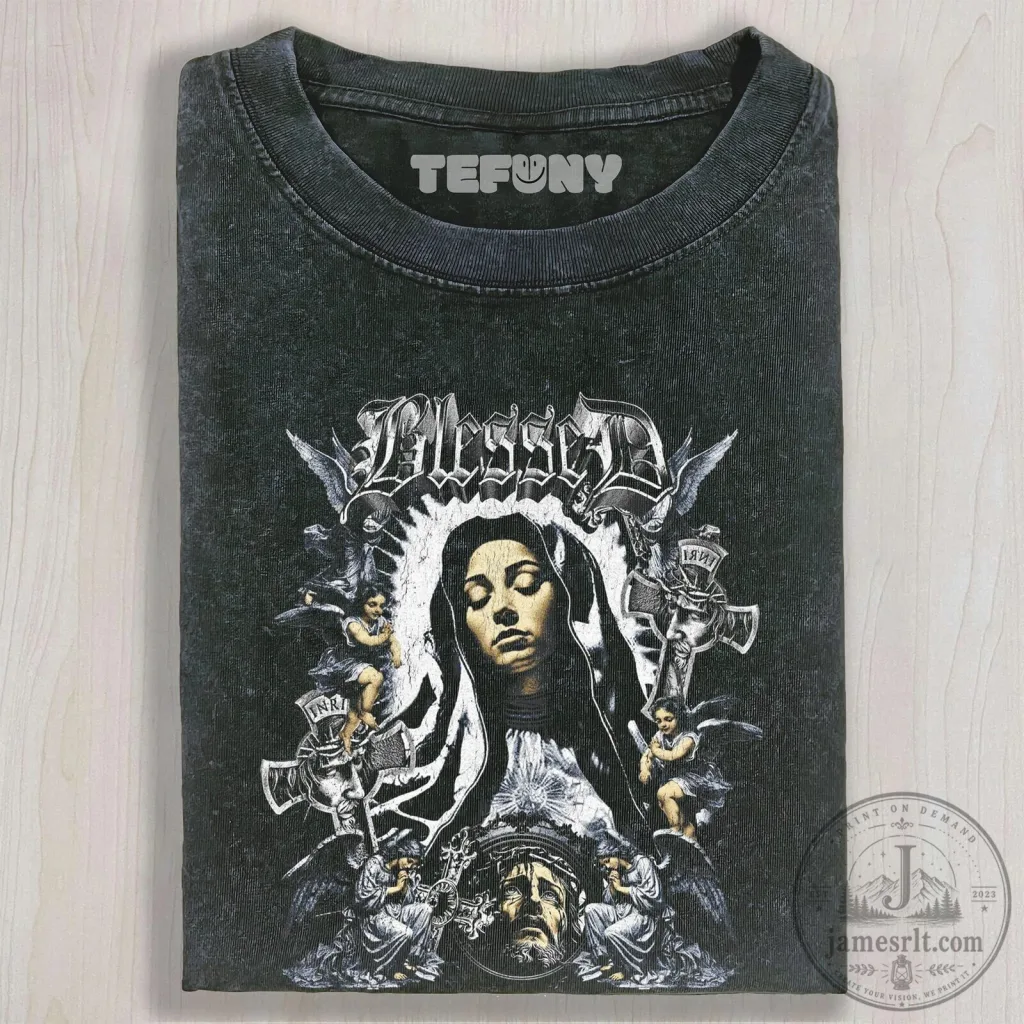 Blessed Virgin Mary Gothic Religious Washed Black T-Shirt Blessed Virgin Mary Gothic Religious Washed Black T-Shirt