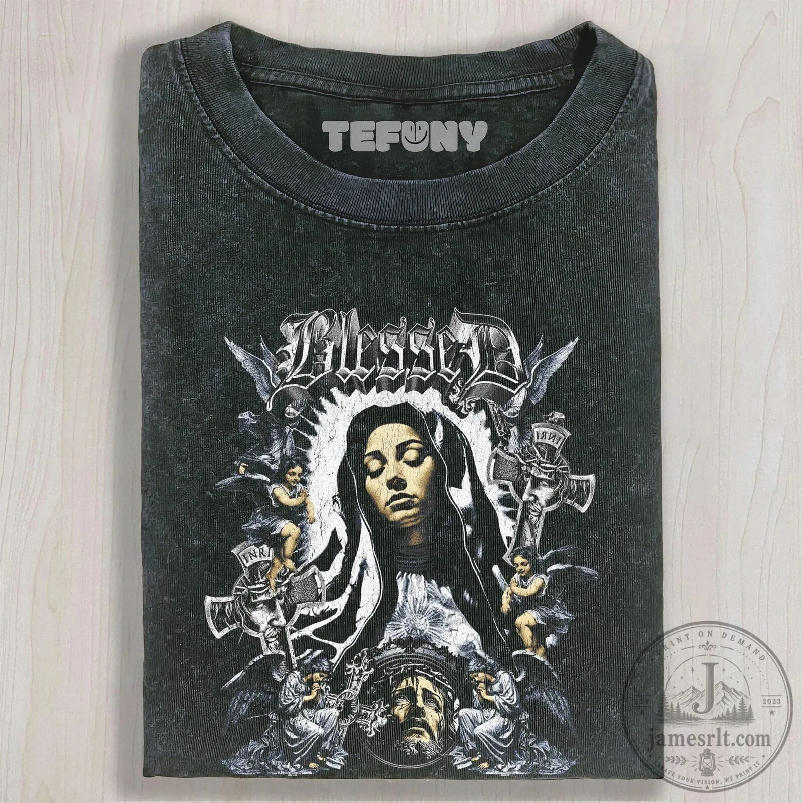 Blessed Virgin Mary Gothic Religious Washed Black T-Shirt