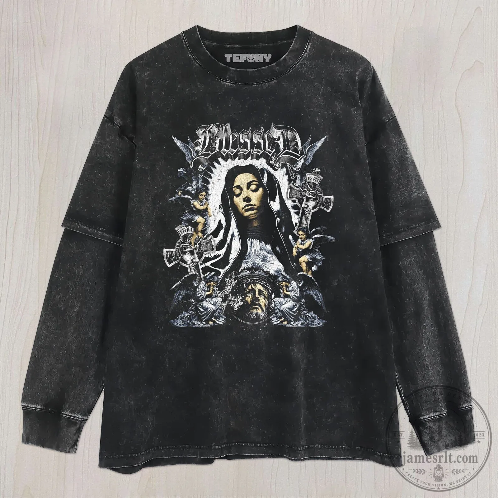 Blessed Virgin Mary Gothic Religious Washed Black T-Shirt 7 Blessed Virgin Mary Gothic Religious Washed Black T-Shirt