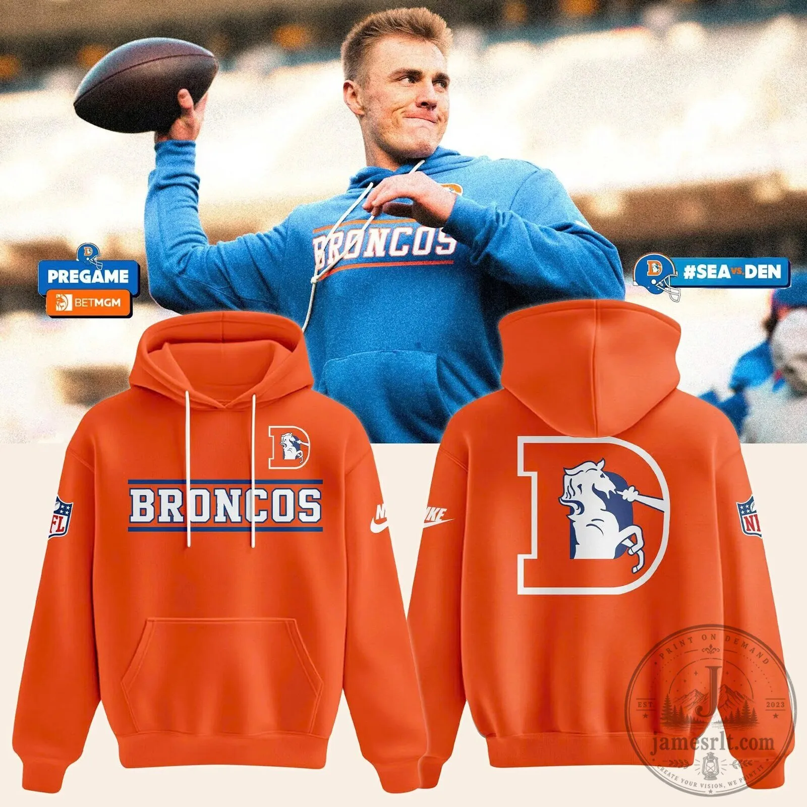 Denver Broncos NFL Football Team Orange Pullover Hoodie